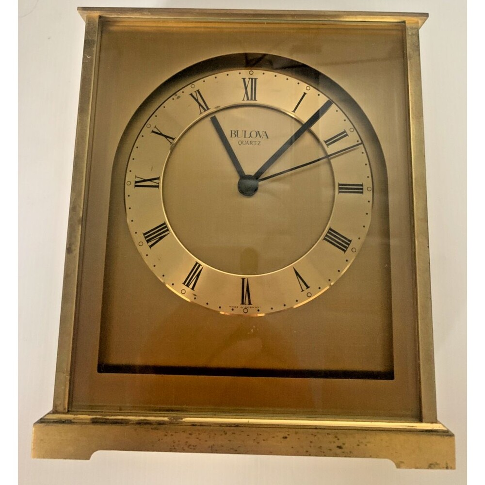 Bulova Model B2001 Vintage German Quartz Brass Desk Mantel Clock Glass Front